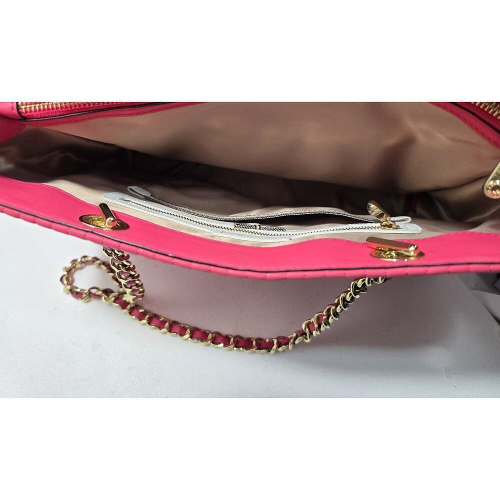 Henri Bendel No 7 Hot Pink Leather Tote Bag Quilted Vertical Chain East West - Picture 8 of 16
